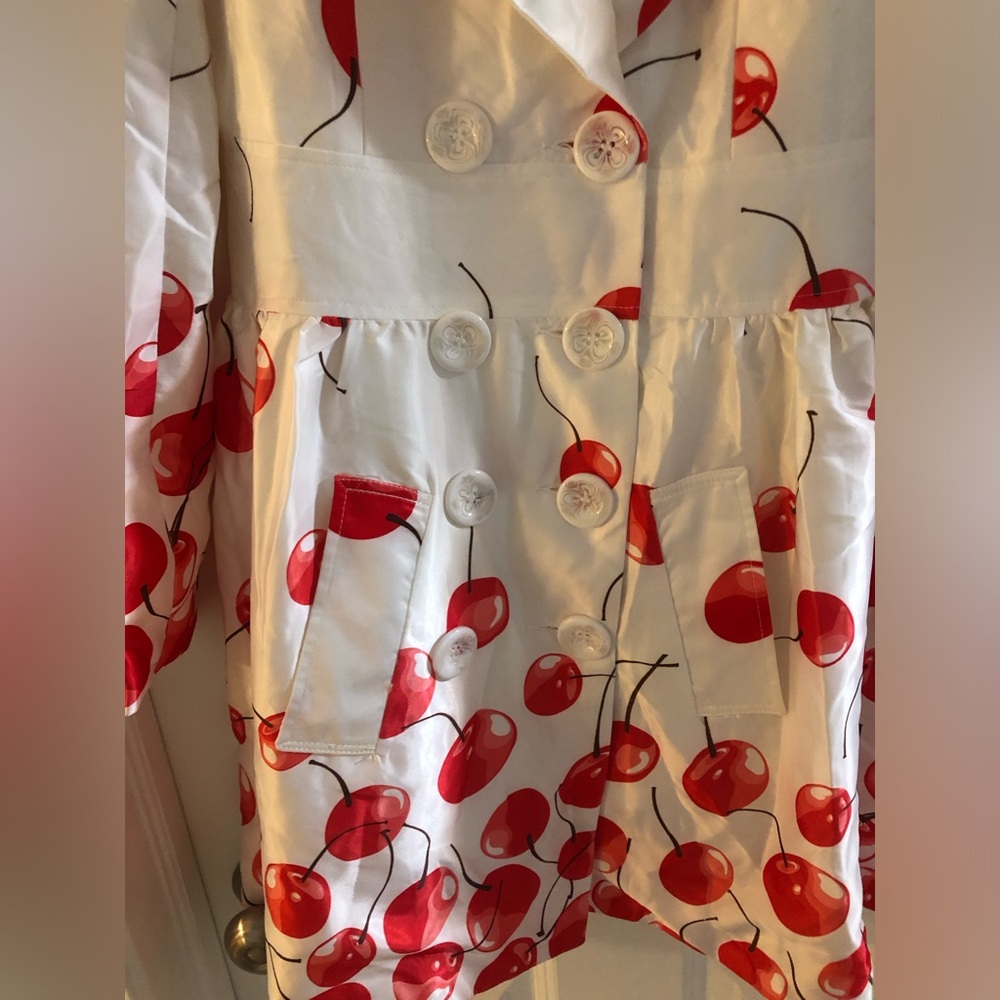 NWT Blingor Cherry Print Trench Jacket Rockabilly Pinup Retro Coat Sz S - Picture 4 of 8